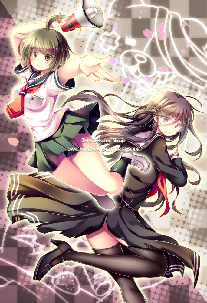 10s 2girls ahoge black_legwear black_serafuku black_skirt brown_hair danganronpa_(series) frown fukawa_toko glasses green_eyes green_skirt grey_eyes hair_down hair_ornament hairclip high_heels holding kurokuma_(danganronpa) long_hair long_skirt long_sleeves megaphone messy_hair miniskirt mole mole_under_mouth multiple_boys multiple_girls naegi_komaru nobuda petals pleated_skirt round_eyewear school_uniform serafuku shirokuma_(danganronpa) short_hair side_slit skirt smile thighhighs danganronpa_another_episode:_ultra_despair_girls