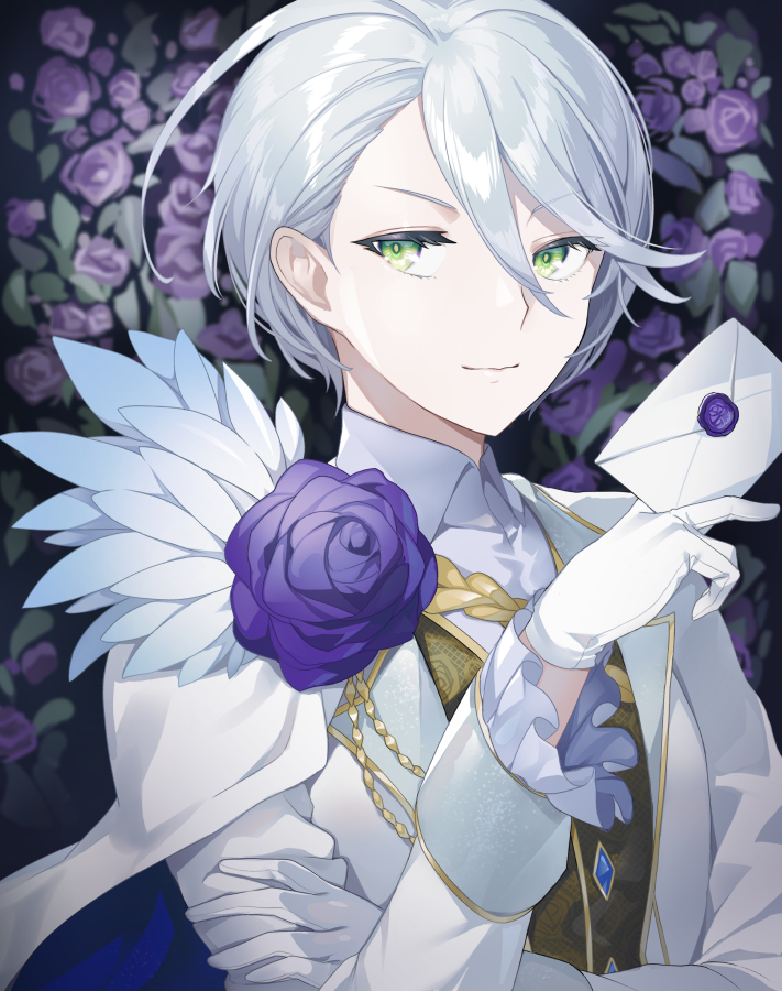 1girl androgynous bad_id bad_twitter_id between_fingers closed_mouth collared_shirt commentary_request envelope floral_background flower gloves green_eyes grey_hair hair_between_eyes hand_on_own_arm hand_up holding holding_envelope inactive_account jacket long_sleeves looking_at_viewer nabeshima_(pon_nbsm) pretty_series pripara purple_flower purple_rose reverse_trap rose shikyoin_hibiki shirt short_hair smile solo upper_body white_gloves white_jacket white_shirt