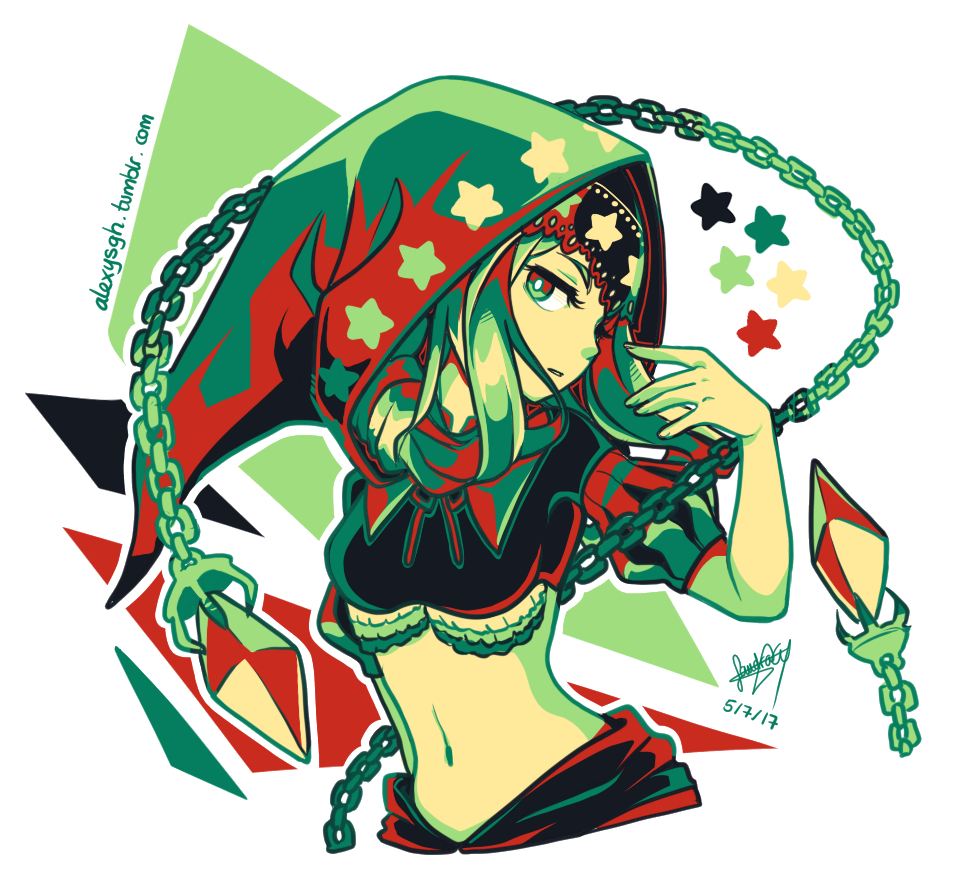 1girl breasts chain commentary crop_top english_commentary frilled_garter green_eyes hood looking_at_viewer midriff multicolored_clothes multicolored_eyes navel odin_sphere puffy_sleeves red_eyes red_hood sandragh short_hair signature simple_background small_breasts solo star_(symbol) striped_clothes upper_body velvet_(odin_sphere) vertical-striped_clothes