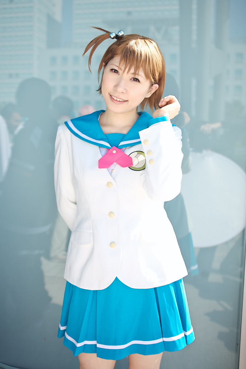 1girl asian brown_hair chippi cosplay female_focus futami_ami futami_ami_(cosplay) hair_bobbles hair_ornament highres idolmaster idolmaster_xenoglossia looking_at_viewer outdoors photo_(medium) pleated_skirt school_uniform serafuku short_hair side_ponytail skirt solo