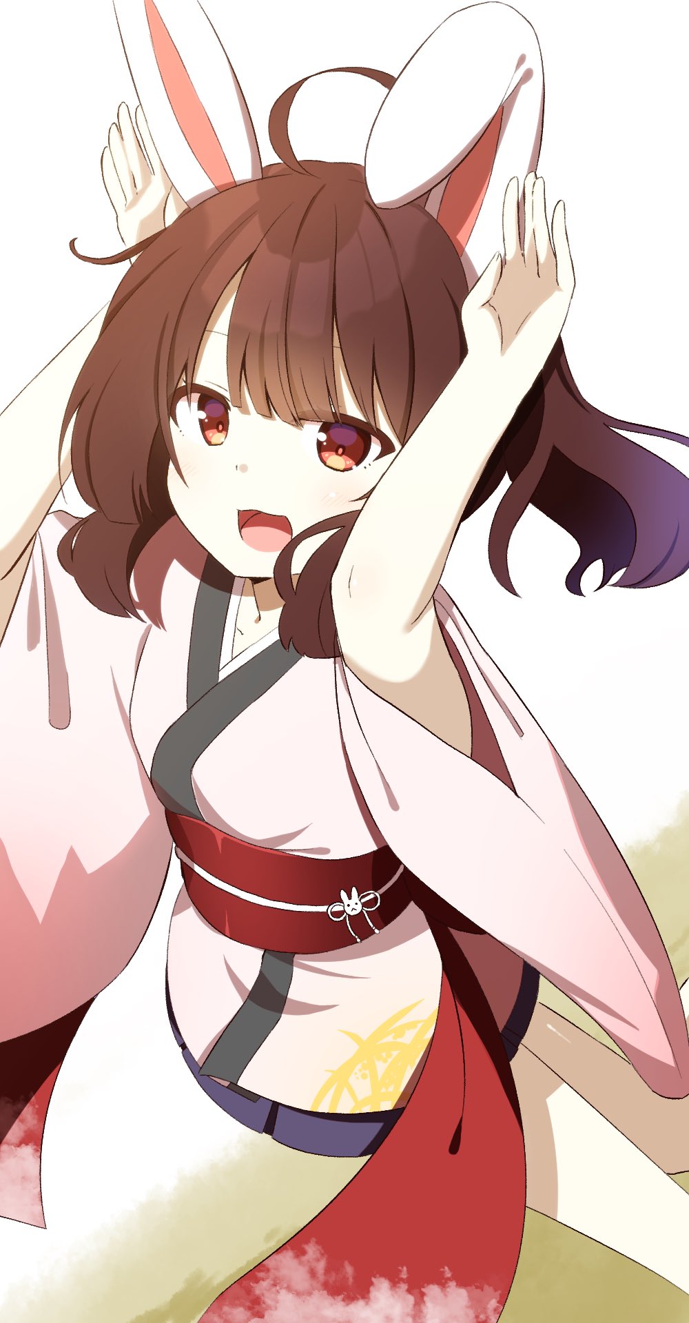 1girl :3 ahoge animal_ears blue_skirt blunt_bangs breasts brown_hair chaakusu commentary_request fake_animal_ears feet_out_of_frame from_above gradient_clothes gradient_kimono hair_between_eyes highres japanese_clothes kimono looking_at_viewer medium_hair miniskirt obi obidome obijime open_mouth pleated_skirt print_kimono rabbit_ears rabbit_pose red_eyes red_sash sash short_sleeves skirt small_breasts smile solo standing standing_on_one_leg touhoku_kiritan twintails voiceroid white_background white_kimono wide_sleeves
