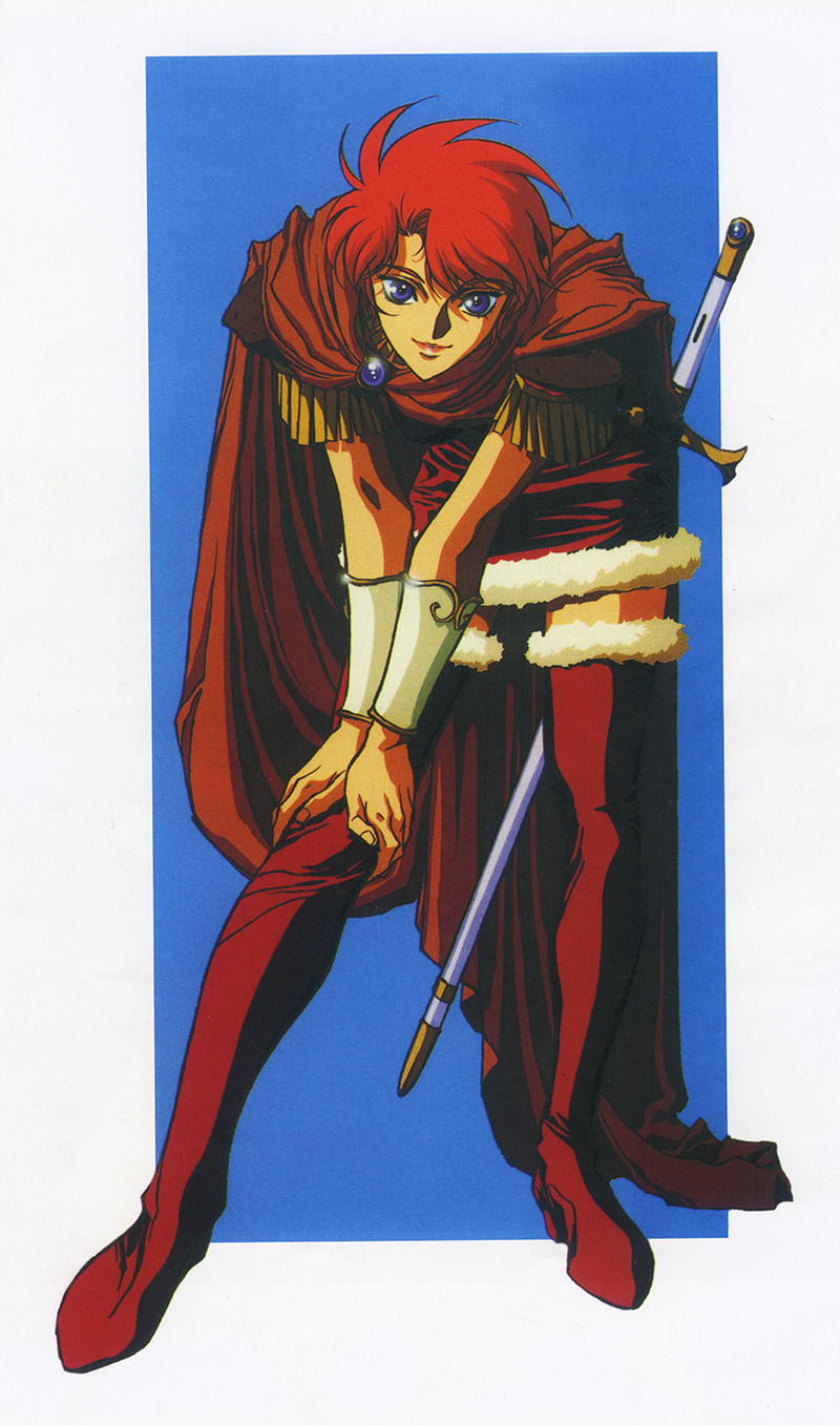 1990s_(style) 1girl blue_eyes boots brooch cape female_focus full_body fur_trim hands_on_own_knees highres hunched_over jewelry official_art record_of_lodoss_war red_boots retro_artstyle sheath sheathed shiris_(lodoss) solo sword thigh_boots thighhighs v_arms vambraces weapon yuuki_nobuteru