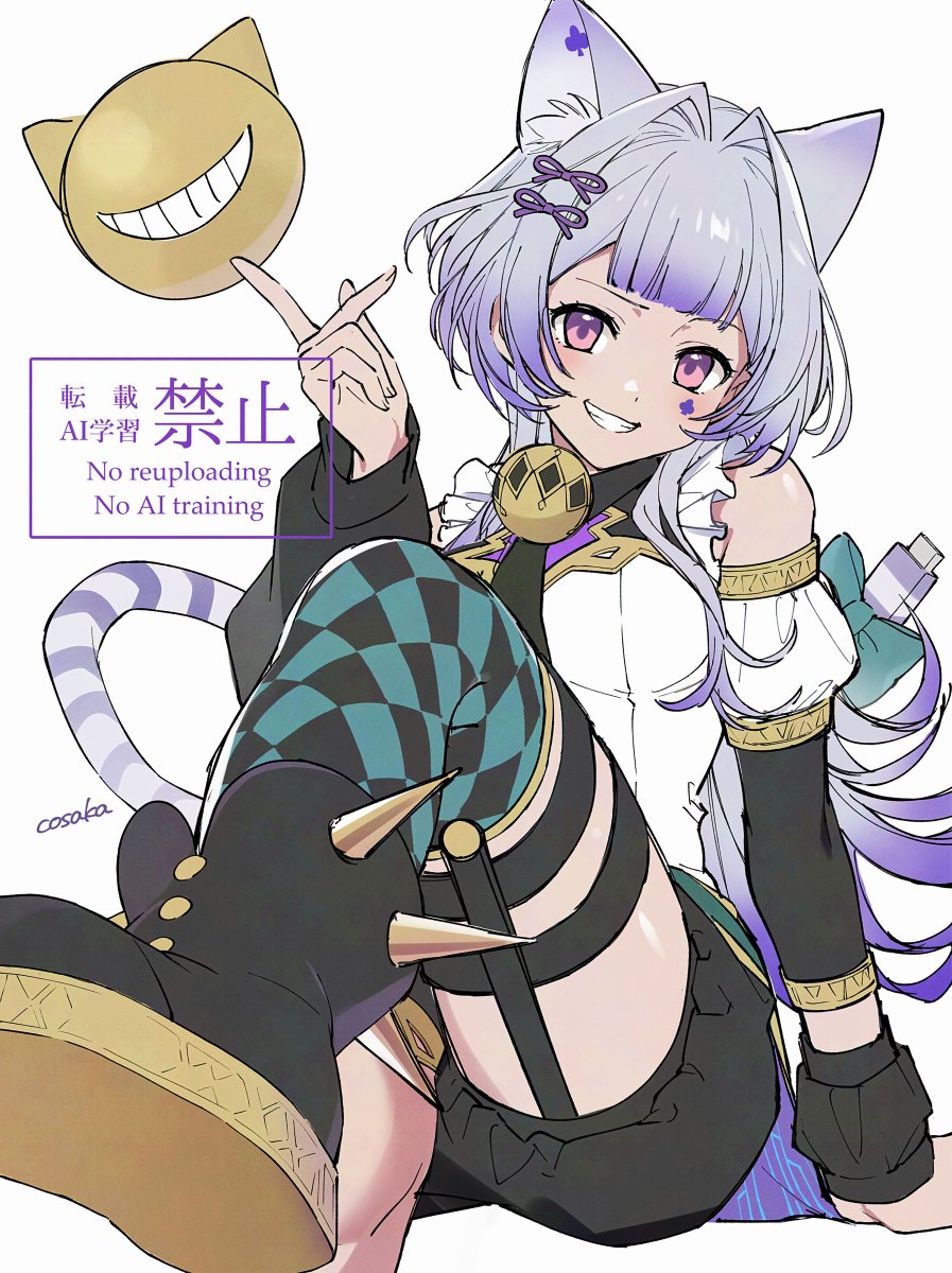 1girl animal_ear_fluff animal_ears artist_name bell black_boots blush boots bow breasts cat_ears cat_girl checkered_clothes checkered_legwear clenched_teeth club_(shape) club_tattoo colored_tips detached_sleeves duel_monster facial_tattoo green_bow grin hair_ornament hand_on_ground highres looking_at_viewer lunapont maliss_&lt;p&gt;_chessy_cat medium_breasts multicolored_hair neck_bell pink_eyes purple_hair short_hair signature simple_background sitting smile solo spiked_boots tattoo teeth white_background yu-gi-oh!