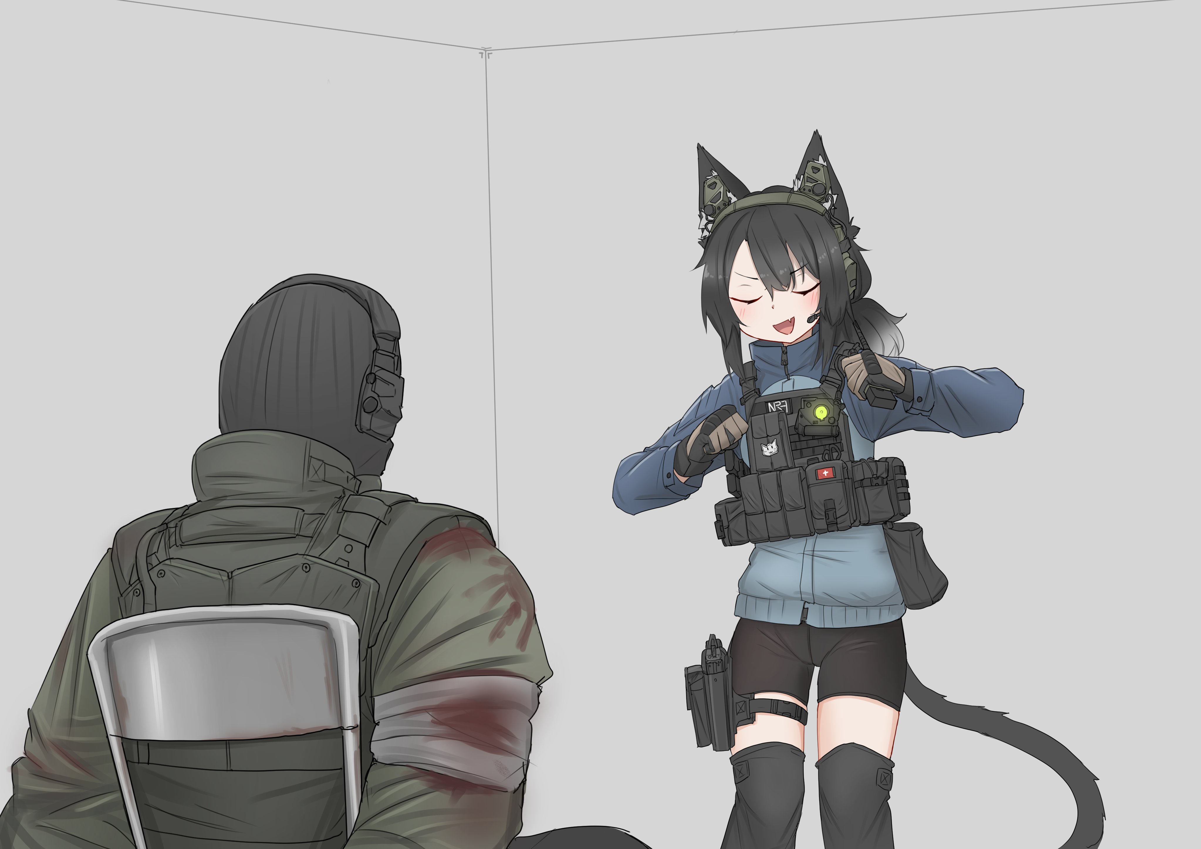 1boy 1girl absurdres balaclava bandaged_arm bandages bike_shorts black_hair blood blood_stain blush bound bound_wrists bulletproof_vest chair closed_eyes extra_ears fang folding_chair gloves gradient_hair gun handgun headset highres holding holding_walkie-talkie holster long_hair long_sleeves magazine_(weapon) meme military_operator multicolored_hair on_chair original scissors shikairo_days_dance_(meme) simple_background skin_fang srtdrawart tail thigh_holster thighhighs torture walkie-talkie weapon zettai_ryouiki