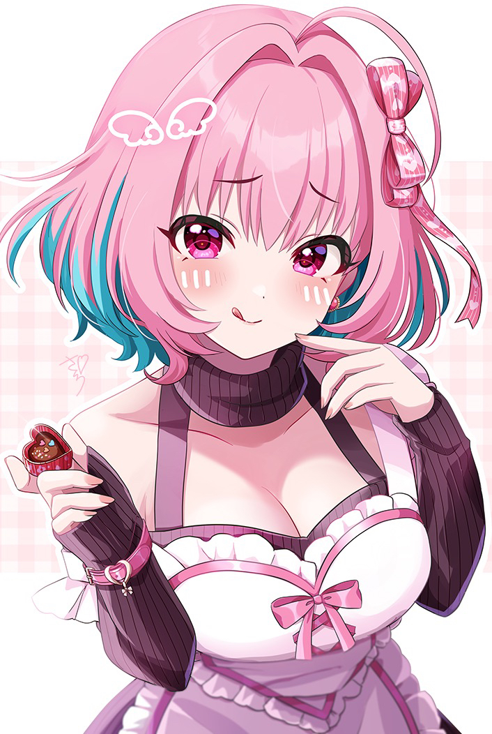 1girl ahoge apron aqua_hair arm_belt belt blush bow breasts candy chocolate chocolate_heart cleavage closed_mouth collar collarbone colored_inner_hair commentary detached_collar detached_sleeves dot_nose earrings fingernails food frilled_apron frills hair_bow hair_intakes heart heart-shaped_food holding holding_chocolate holding_food idolmaster idolmaster_cinderella_girls idolmaster_cinderella_girls_starlight_stage jewelry large_breasts long_sleeves looking_at_viewer medium_hair multicolored_hair nail_polish pink_background pink_belt pink_bow pink_collar pink_eyes pink_hair pink_lips pink_nails pink_sleeves plaid_background ribbed_collar ribbed_sleeves sakura_ran sleeves_past_wrists smile solo tongue tongue_out two-tone_hair white_apron white_background yumemi_riamu