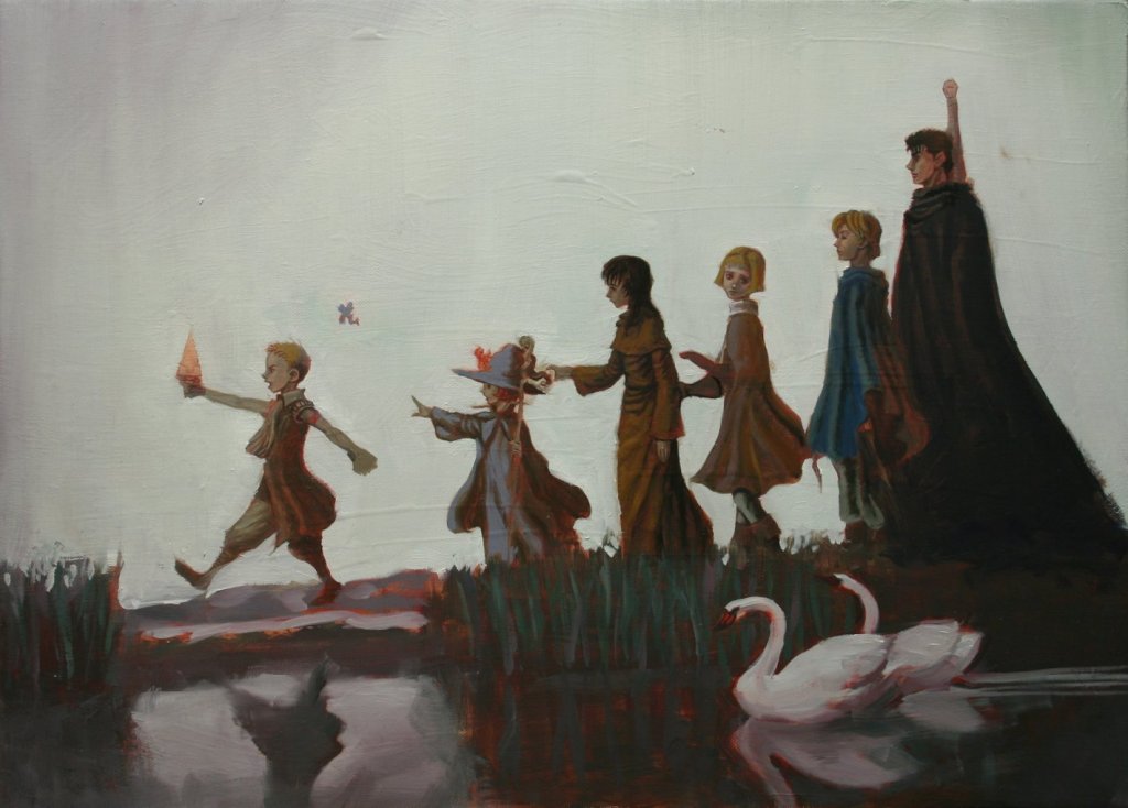 1990s_(style) 4boys 4girls berserk bird cape casca_(berserk) dagger dragonslayer_(sword) evarella_(berserk) fairy farnese_(berserk) guts_(berserk) hat huge_weapon ishidro isidro_(berserk) ivalera knife lake mini_person miniboy minigirl multiple_boys multiple_girls non-web_source puck_(berserk) retro_artstyle schierke_(berserk) serpico_(berserk) staff swan sword traditional_media weapon witch witch_hat