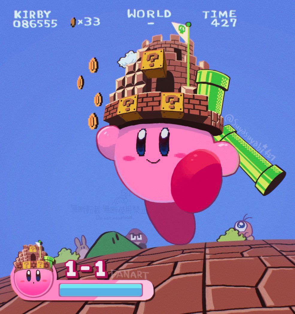 ?_block annotated antenna_hair artist_name black_eyes block_(mario) blue_eyes blue_sky brick bush castle closed_mouth coin copy_ability crossover flag flagpole goomba heads-up_display health_bar hill holding kirby kirby&#039;s_return_to_dream_land kirby_(series) looking_at_another mario_(series) nintendo number_pun one-eyed outdoors polof score sky smile standing super_mario_bros._1 suyasuyabi twitter_username user_interface waddle_doo walking warp_pipe
