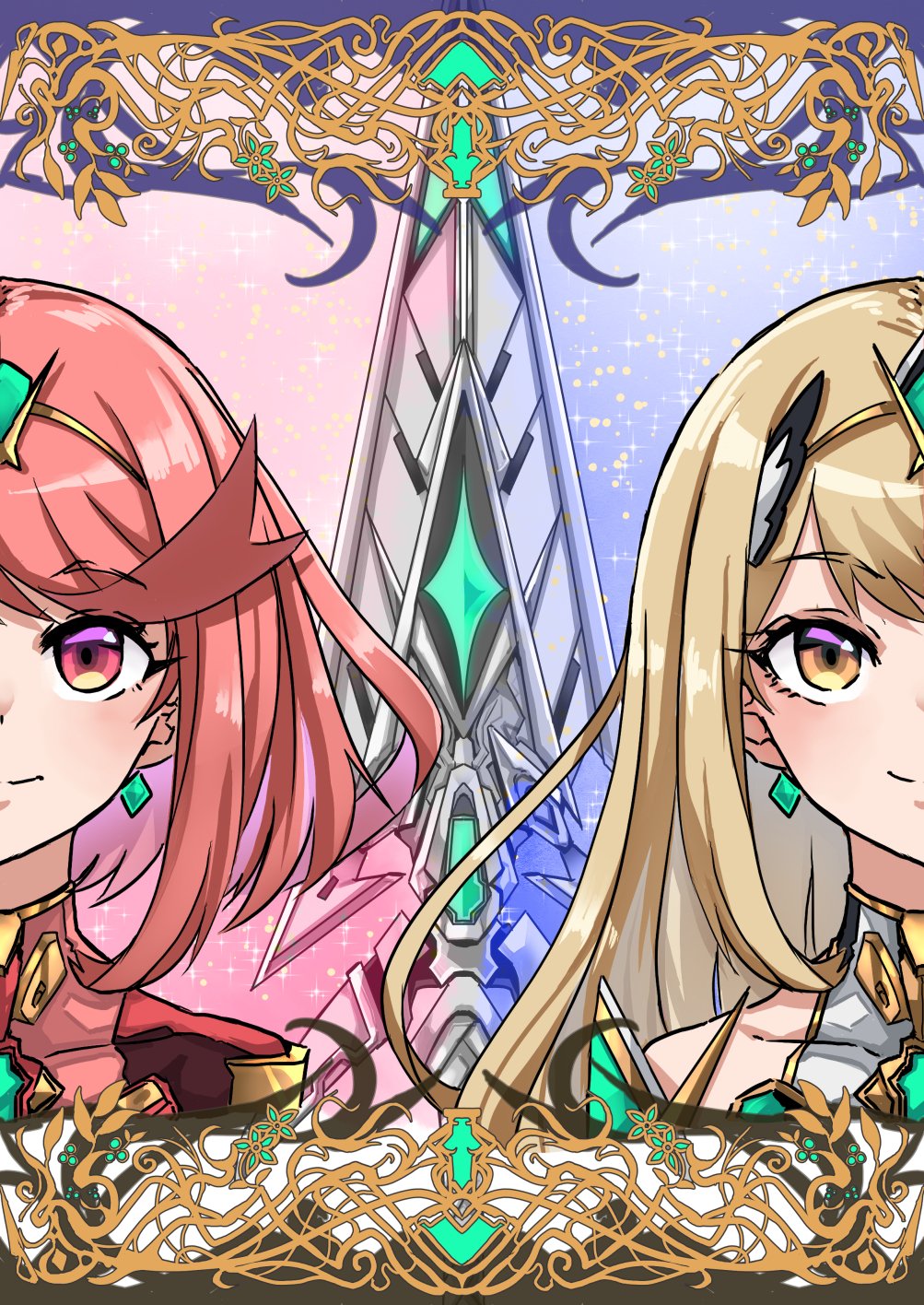 2girls aegis_sword_(xenoblade) blonde_hair bob_cut border closed_mouth commentary_request highres long_hair medium_hair multiple_girls mythra_(xenoblade) ornate_border pyra_(xenoblade) red_eyes red_hair smile sofusan1526 tiara xenoblade_chronicles_(series) xenoblade_chronicles_2 yellow_eyes