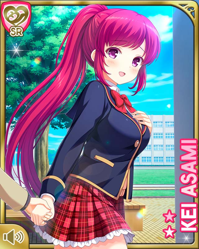 asami_kei blazer card_(medium) cardigan girlfriend_(kari) jacket long_hair non-web_source plaid_clothes plaid_skirt ponytail purple_eyes red_hair red_skirt school_uniform skirt very_long_hair
