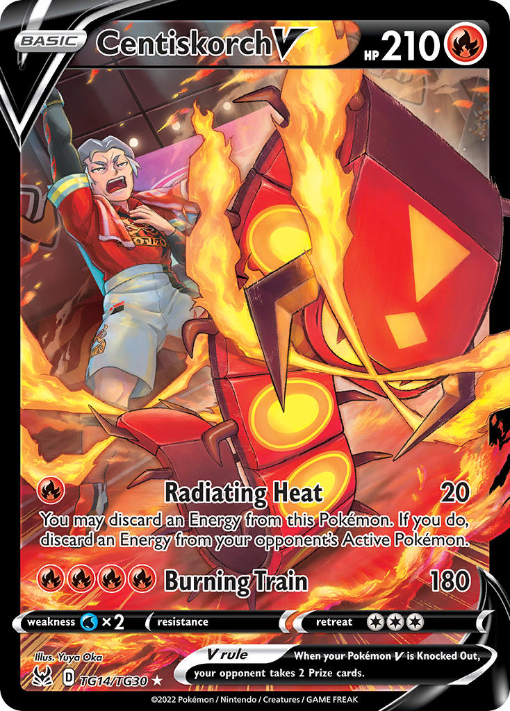 1boy arm_up artist_name card_(medium) centiskorch character_name company_name copyright_name copyright_notice embers english_text fire gen_8_pokemon grey_hair kabu_(pokemon) mature_male nintendo official_art open_mouth pokemon pokemon_(creature) pokemon_card pokemon_swsh pokemon_tcg red_shirt shirt short_hair shorts standing teeth third-party_source trading_card upper_teeth_only white_shorts you8_pen