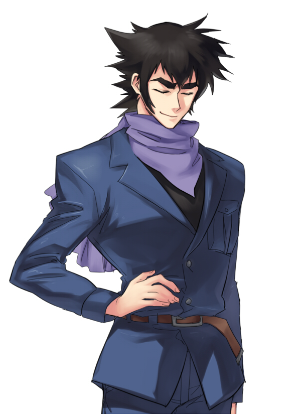 1boy bandana belt black_hair black_sweater closed_eyes closed_mouth denim great_mazinger hand_on_own_hip happy imoneyno jacket jeans male_focus mazinger_(series) mazinkaiser pants scarf short_hair smile solo sweater tsurugi_tetsuya tungbin turtleneck turtleneck_sweater white_background