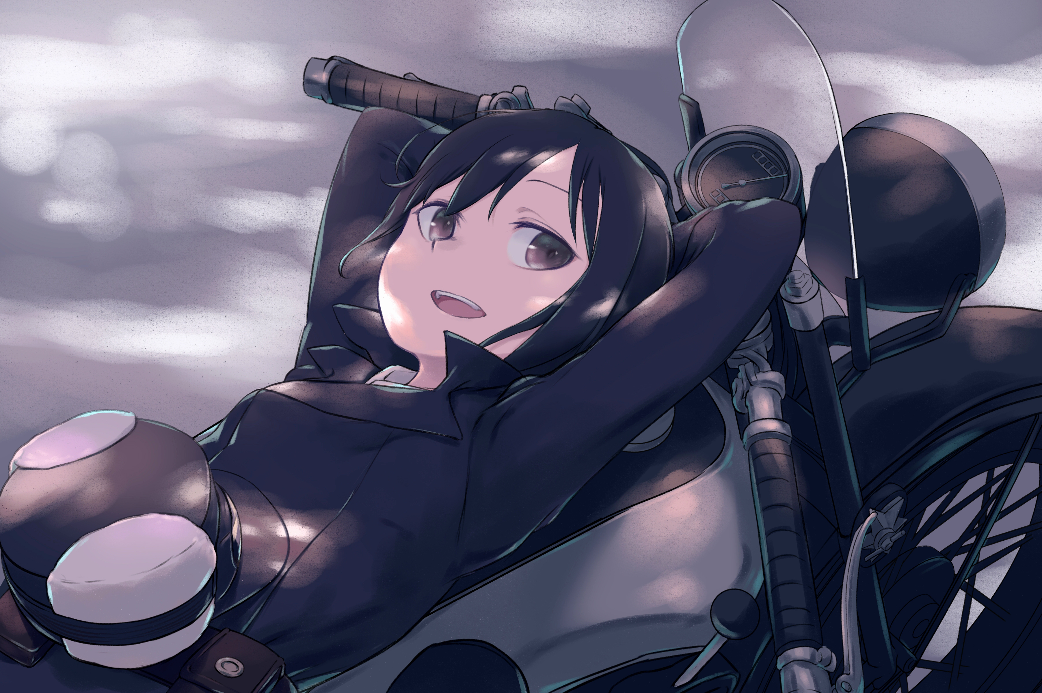 1girl absurdres arms_behind_head belt_pouch black_hair brown_eyes daisi_gi fur_hat hat hermes_(kino_no_tabi) highres kino_(kino_no_tabi) kino_no_tabi long_sleeves looking_at_viewer lying motor_vehicle motorcycle on_back open_mouth pouch short_hair smile teeth tomboy