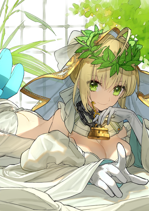 1girl ahoge ass backless_leotard backless_outfit blonde_hair bow breasts butt_crack chain cleavage closed_mouth collar cowboy_shot detached_sleeves fate/grand_order fate_(series) gloves gold_trim green_eyes hair_between_eyes hair_bow hair_intakes hand_up head_wreath high_heels holding holding_key index_finger_raised juliet_sleeves key leotard lock long_sleeves looking_at_viewer nero_claudius_(bride)_(fate) nero_claudius_(bride)_(third_ascension)_(fate) nero_claudius_(fate) official_art padlock padlocked_collar puffy_sleeves short_hair sidelocks smile solo strapless strapless_leotard third-party_source veil wada_arco white_bow white_collar white_gloves white_leotard white_sleeves white_veil wide_sleeves