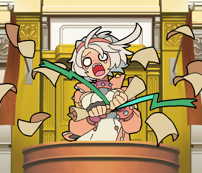 1girl ace_attorney blush bracelet breasts collar crying elphelt_valentine guilty_gear guilty_gear_strive hairband holding holding_paper jacket jewelry kekeken nose_blush o_o open_mouth paper parody pink_collar pink_hairband pink_jacket screaming solo spiked_bracelet spiked_collar spikes style_parody