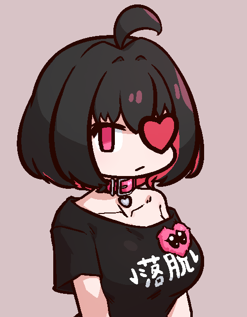 1girl ahoge alternate_color alternate_costume alternate_hair_color belt belt_collar black_hair black_shirt bob_cut breasts choker closed_mouth clothes_writing collar collarbone colored_inner_hair commentary english_commentary expressionless eyepatch heart heart-shaped_ornament heart_collar heart_eyepatch idolmaster idolmaster_cinderella_girls idolmaster_cinderella_girls_starlight_stage large_breasts liveactors looking_at_viewer medium_hair multicolored_hair off-shoulder_shirt off_shoulder pink_belt pink_choker pink_collar pink_eyes print_shirt purple_background red_hair shirt short_sleeves simple_background single_bare_shoulder solo t-shirt translation_request two-tone_hair upper_body yumemi_riamu