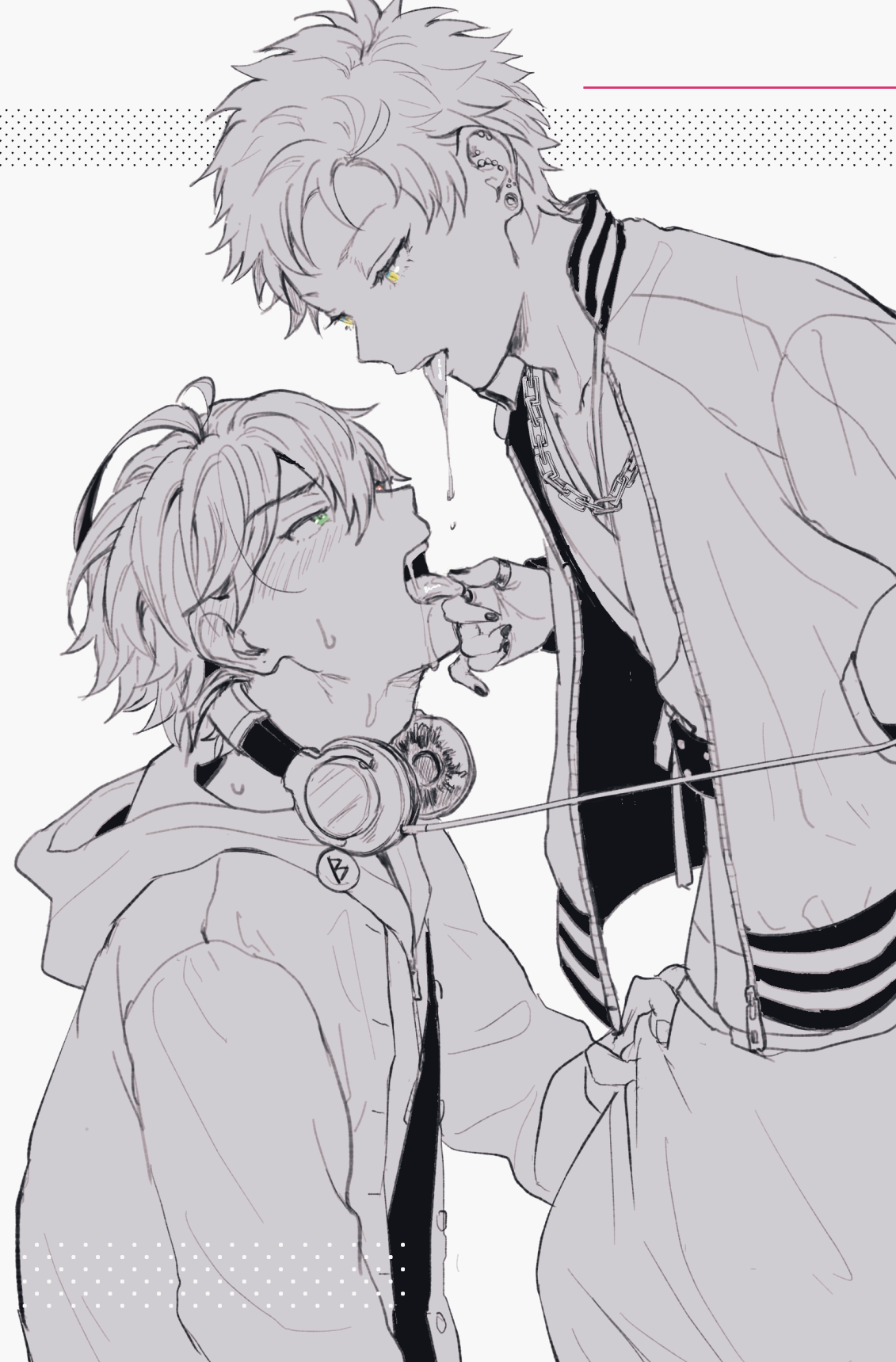 2boys ahoge badge belt blush button_badge chain chain_necklace clothes_grab collarbone cowboy_shot drooling ear_blush eye_contact eyelashes furrowed_brow green_eyes hair_between_eyes hand_in_pocket harai_kuko harem_pants headphones headphones_around_neck heterochromia highres hunched_over hypnosis_mic jacket jacket_over_hoodie japanese_clothes jewelry kimono kneeling looking_at_another looking_down looking_up male_focus multiple_boys multiple_piercings nail_polish nbnekochan necklace pants piercing_hole plug_(piercing) red_eyes saliva_swap short_hair simple_background spiked_hair spot_color studded_belt sukajan sweat thumb_ring tongue tongue_grab unzipped upper_body very_short_hair yamada_ichiro yaoi