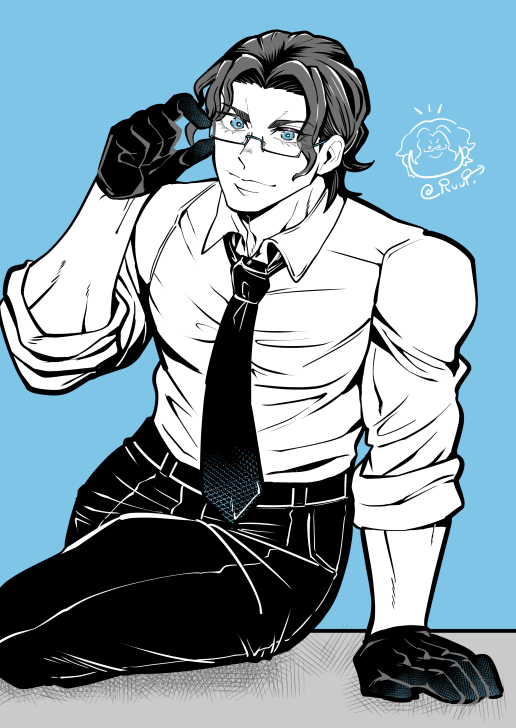 1boy adjusting_eyewear bespectacled blue_background blue_eyes collared_shirt curly_hair glasses gloves greyscale greyscale_with_colored_background hand_support hand_up long_sleeves looking_at_viewer male_focus monochrome muscular muscular_male necktie nikola_tesla_(shuumatsu_no_valkyrie) pants rectangular_eyewear shirt short_hair shuumatsu_no_valkyrie sitting sleeves_rolled_up smile solo toned toned_male