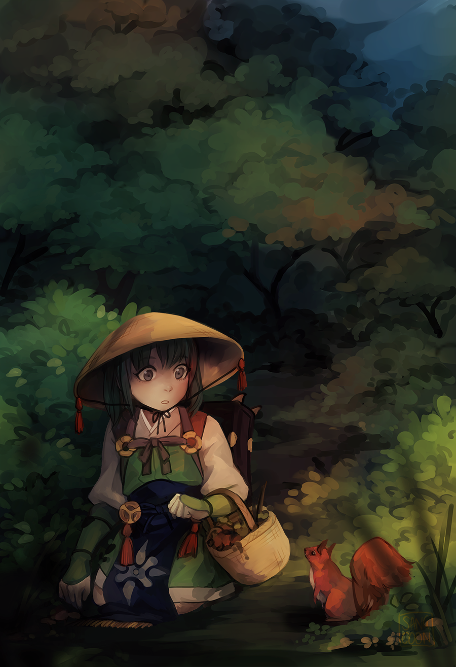 1girl artist_name bag basket female_focus fire_emblem fire_emblem_fates grass green_eyes green_hair hat highres leaf long_hair midori_(fire_emblem) nature nintendo sangcoon sitting solo squirrel straw_hat teeth tree twintails