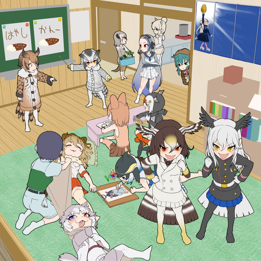 6+girls alpaca_ears alpaca_suri_(kemono_friends) animal_ears arm_at_side atlantic_puffin_(kemono_friends) bald_eagle_(kemono_friends) barefoot bird_girl bird_tail bird_wings black_hair blonde_hair blue_eyes blue_hair blue_whale_(kemono_friends) brown_hair burikarun captain_(kemono_friends) carrot cetacean_tail closed_mouth coat common_dolphin_(kemono_friends) cooking_pot dhole_(kemono_friends) dog_(mixed_breed)_(kemono_friends) dog_ears dog_girl dog_tail dolphin_girl dorsal_fin drawing drawing_(object) drooling egg eurasian_eagle_owl_(kemono_friends) fins fish_tail food fur_collar giant_penguin_(kemono_friends) gloves golden_egg green_eyes green_hair grey_hair hair_bun hand_on_own_hip hand_up head_wings headphones heterochromia hood hood_up indoors jacket kemono_friends kemono_friends_3 kneeling legs_apart light_brown_hair lion_(kemono_friends) lion_ears long_hair looking_at_another lying medium_hair meerkat_(kemono_friends) meerkat_ears meerkat_tail miniskirt mouth_drool multicolored_hair multiple_girls northern_goshawk_(kemono_friends) northern_white-faced_owl_(kemono_friends) on_back on_side on_stomach ostrich_(kemono_friends) outstretched_arm owl_ears pantyhose peeking_out pointing pointing_at_another purple_hair red_eyes shirt short_hair shorts sidelocks single_hair_bun skirt sleeping sleeveless sleeveless_shirt socks standing sweater_vest tail thighhighs tongue tongue_out tsuchinoko_(kemono_friends) very_long_hair wings yellow_eyes