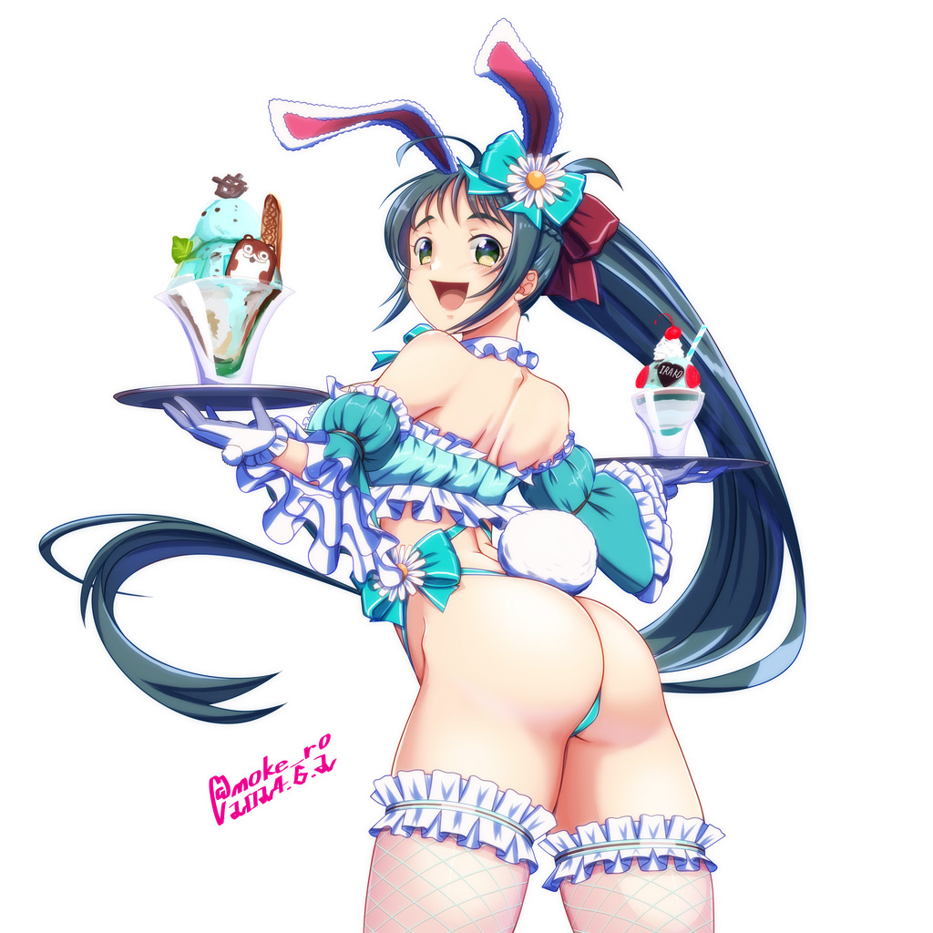 1girl alternate_costume animal_ears ass bikini bokukawauso breasts detached_sleeves fake_tail food frilled_bikini frilled_gloves frilled_thighhighs frills gloves green_background green_bikini green_eyes green_hair hair_ribbon irako_(kancolle) kantai_collection long_hair moke_ro nontraditional_playboy_bunny open_mouth parfait ponytail rabbit_ears rabbit_tail ribbon smile solo swimsuit tail thighhighs white_background white_gloves white_thighhighs