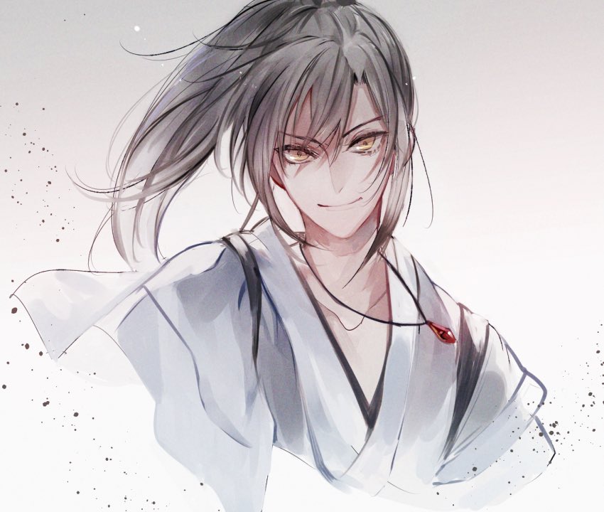 1boy black_hair chinese_clothes closed_mouth collarbone grey_hanfu jewelry long_hair looking_at_viewer male_focus modao_zushi necklace pendant ponytail rakkyhappy simple_background smile solo upper_body white_background xue_yang yellow_eyes