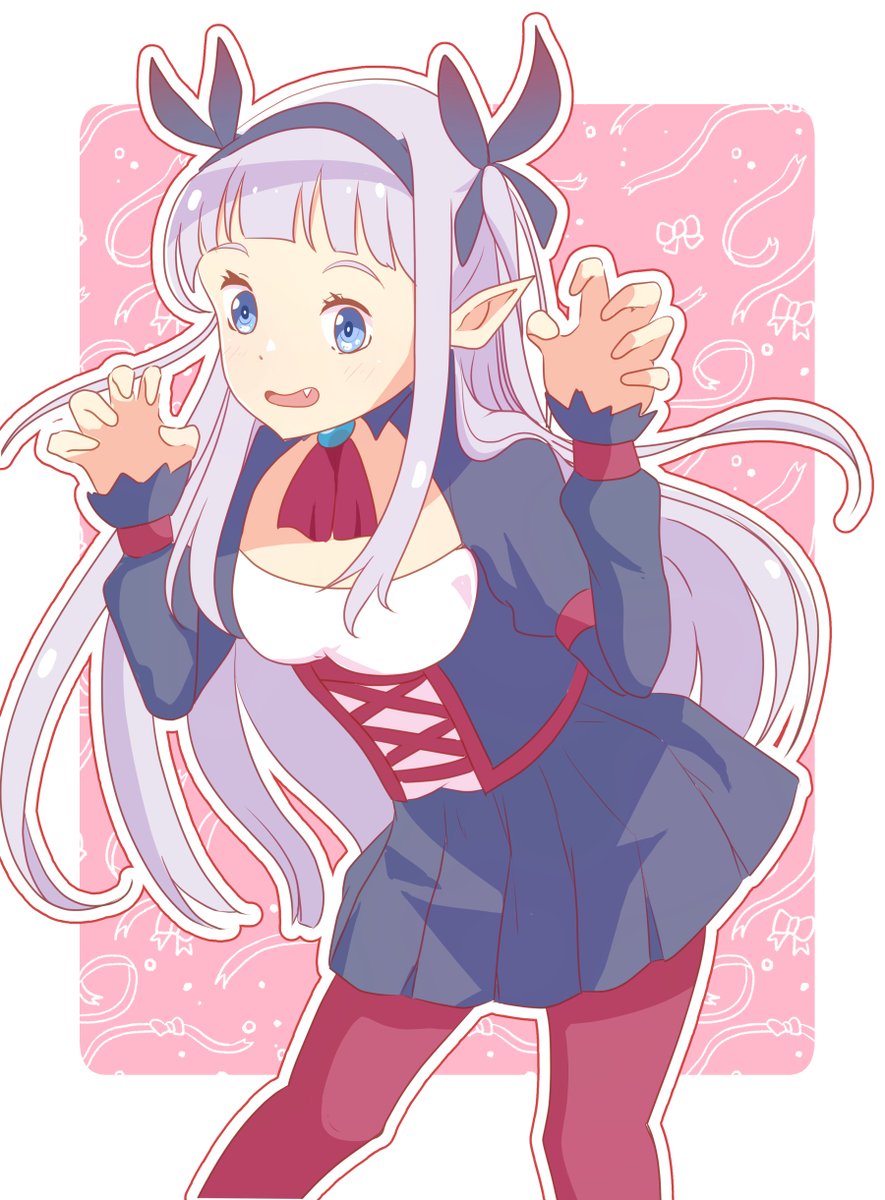 1girl aura0hakua blue_eyes blunt_bangs breasts claw_pose cowboy_shot fang hairband highres isekai_nonbiri_nouka long_hair medium_breasts pantyhose pointy_ears rurushi_ru smile solo vampire very_long_hair white_hair