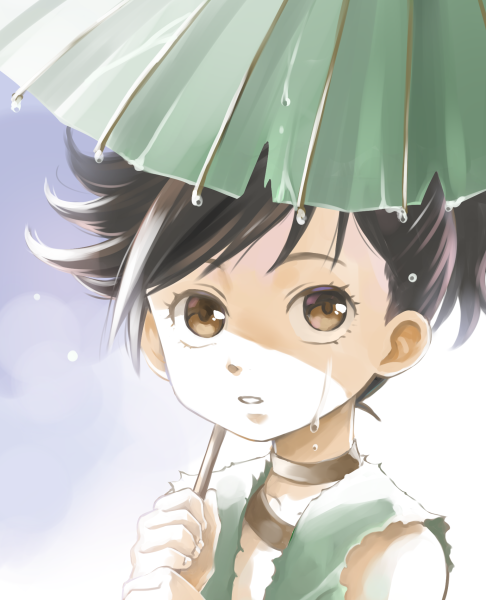 1girl black_hair brown_eyes chigayasan commentary_request dororo_(character) dororo_(tezuka) eyelashes gradient_background green_umbrella looking_at_viewer oil-paper_umbrella parted_lips shaded_face short_hair simple_background sleeveless solo tears umbrella upper_body water_drop
