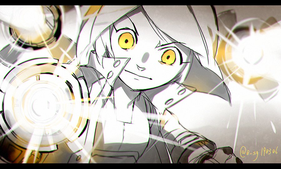 1girl aiming aiming_at_viewer arm_cannon clenched_hand female_focus incoming_attack jacket letterboxed looking_at_viewer medium_hair mii_(nintendo) mii_gunner nintendo powering_up sg_(suuchan) solo spot_color super_smash_bros. twitter_username weapon yellow_eyes