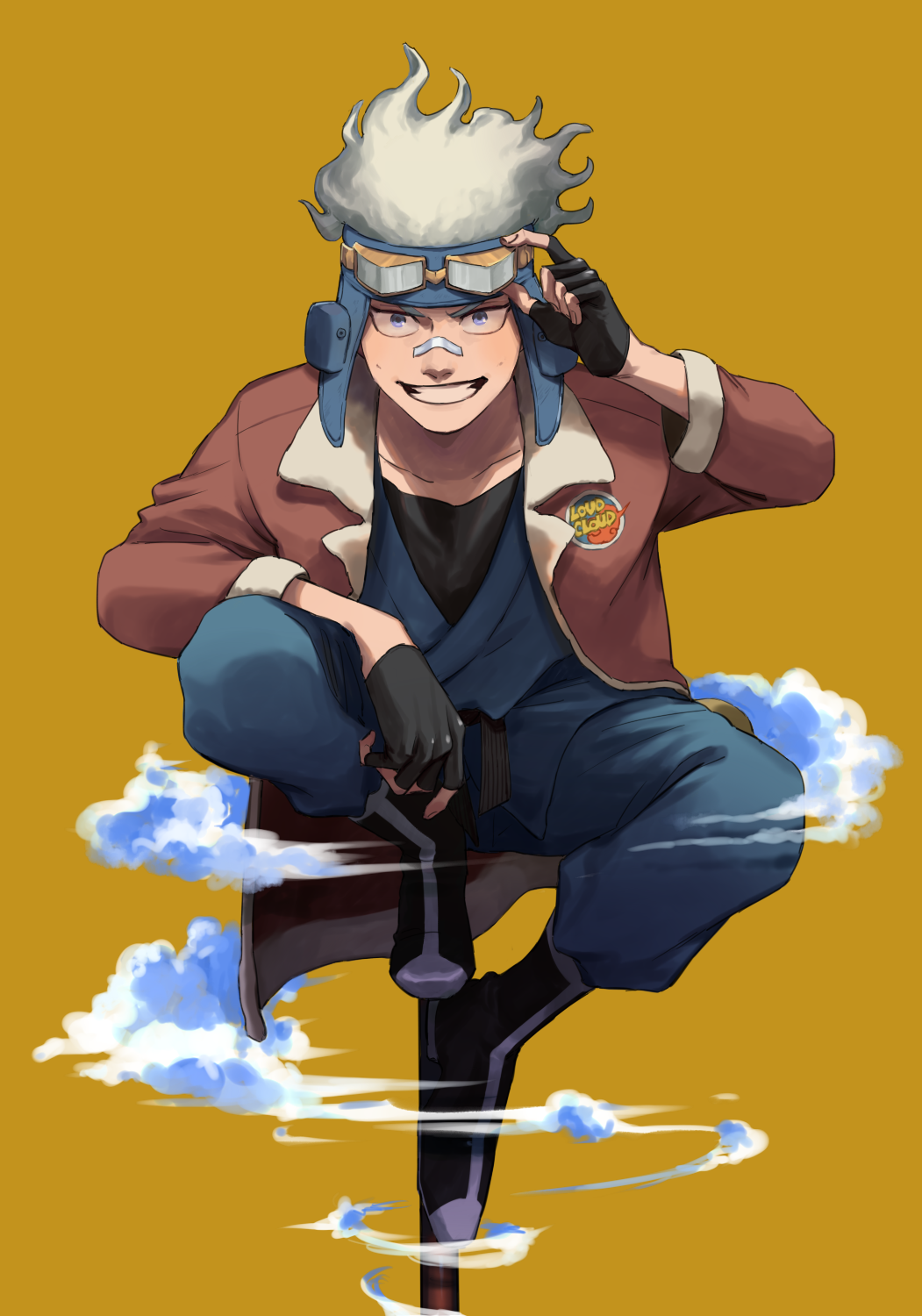 1boy bandaid bandaid_on_face bandaid_on_nose black_footwear black_gloves black_pants blue_eyes blue_headwear boku_no_hero_academia brown_coat coat fingerless_gloves fingernails fur-trimmed_coat fur_trim gloves goggles goggles_on_head grin highres knee_up looking_at_viewer loud_cloud male_focus pants rnuyvm short_hair sitting smile solo white_hair yellow_eyes