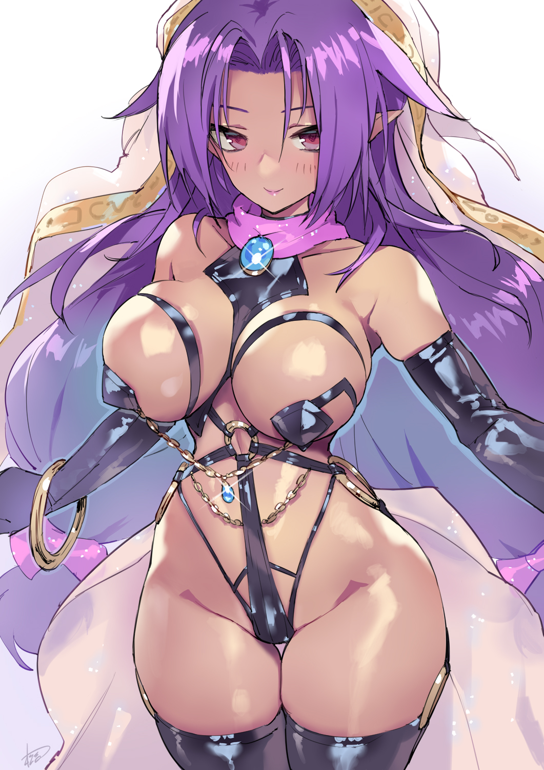 1girl black_gloves black_thighhighs breasts commission dark-skinned_female dark_skin elbow_gloves gloves highres jewelry large_breasts long_hair looking_at_viewer matsuda_(matsukichi) original pixiv_commission purple_hair red_eyes solo thighhighs thighs veil white_background