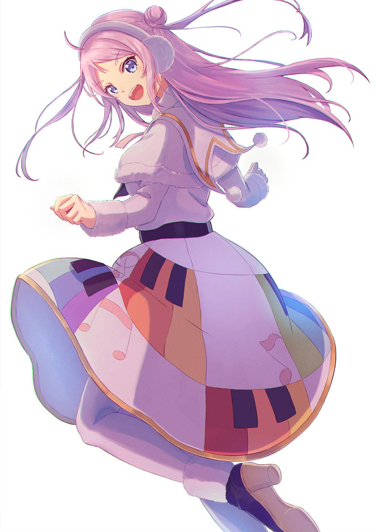 1girl :d ahoge birthday blue_eyes colorful_dreams!_colorful_smiles!_(love_live!) commentary earmuffs girly_running hair_bun highres long_hair long_sleeves looking_at_viewer looking_back love_live! love_live!_nijigasaki_high_school_idol_club macken666 mole mole_under_eye open_mouth pink_hair simple_background single_hair_bun smile solo standing standing_on_one_leg w_arms white_background winter_clothes zhong_lanzhu