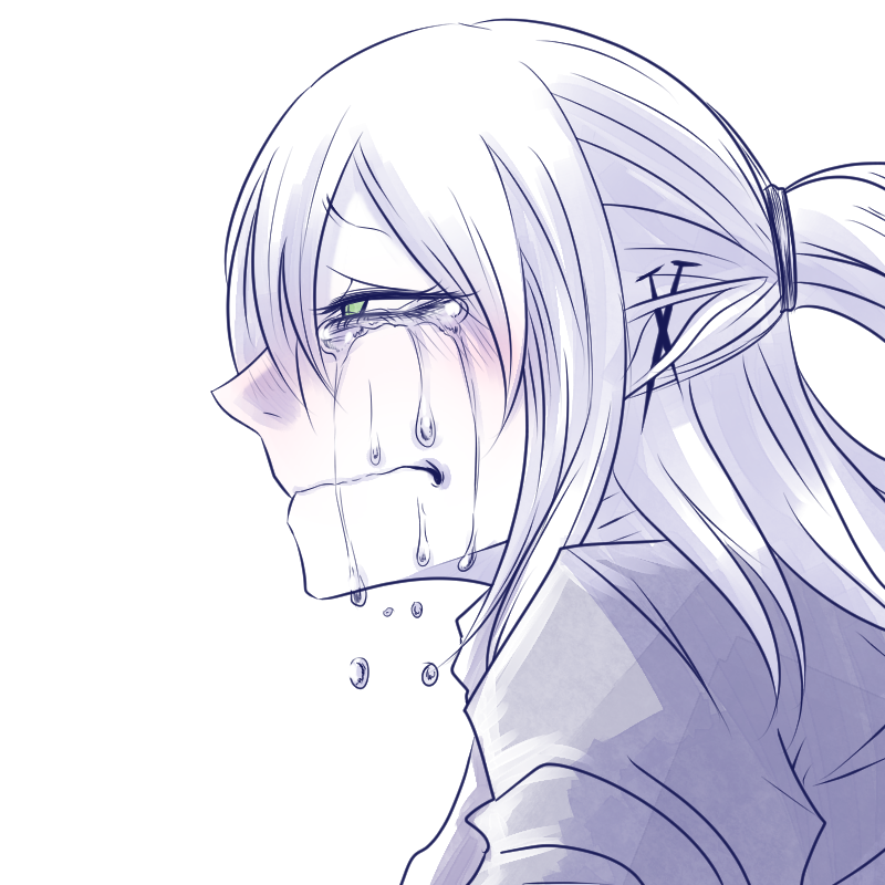 1girl blush closed_mouth commentary_request crying crying_with_eyes_open frown green_eyes greyscale high_ponytail medium_hair mizuhashi_parsee monochrome nail_(hardware) ponytail profile sei_no_ji simple_background solo spiked_ear_piercing tears touhou upper_body
