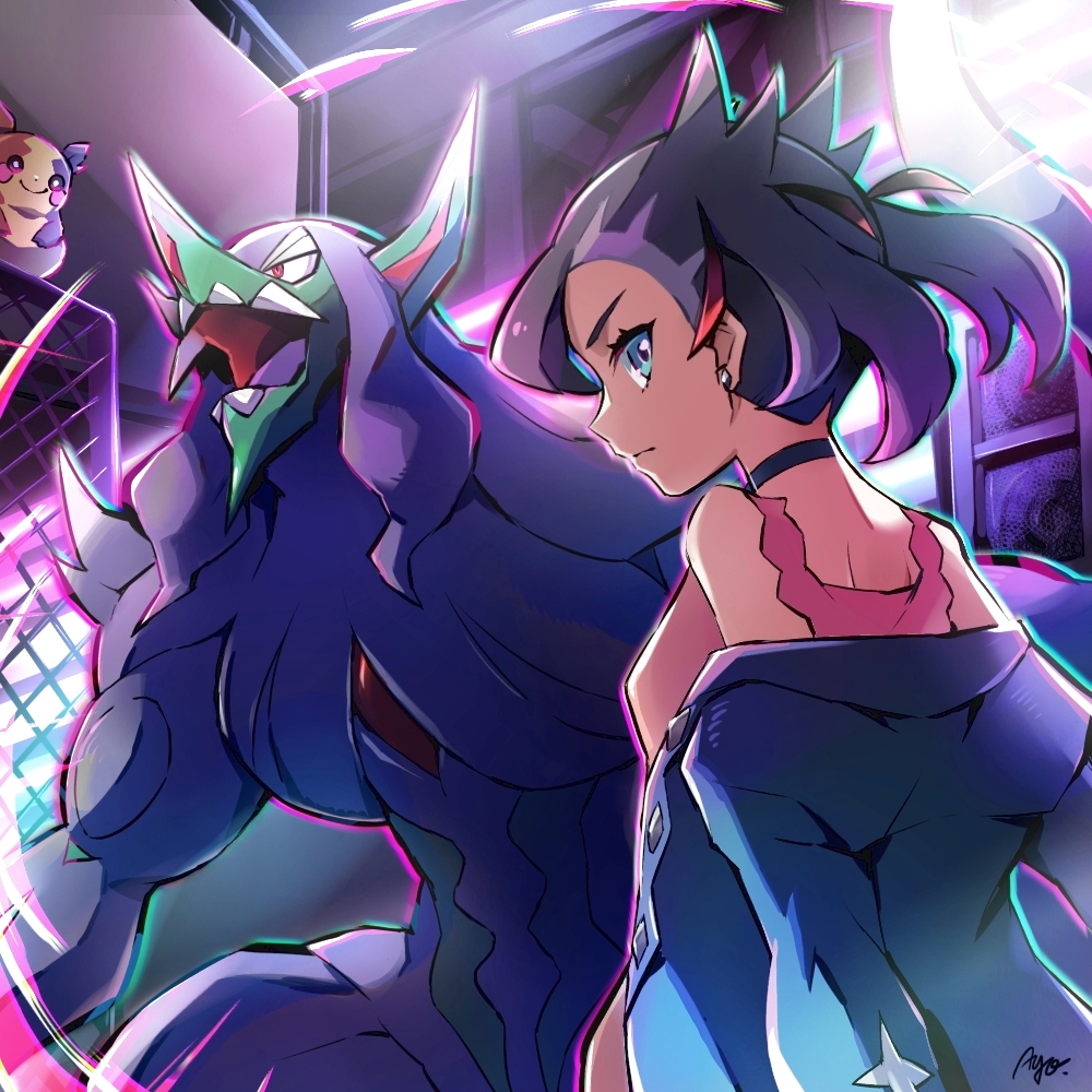 1girl ayo_(ayosanri009) black_choker black_hair blue_eyes chain-link_fence choker closed_mouth commentary_request dress earrings eyelashes fence gen_8_pokemon grimmsnarl hair_ribbon indoors jacket jewelry marnie_(pokemon) morpeko morpeko_(full) nintendo off_shoulder pink_dress pokemon pokemon_(creature) pokemon_swsh red_ribbon ribbon signature