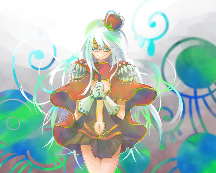 1girl belt brown_background brown_dress cape closed_mouth commentary cowboy_shot creator_(ragnarok_online) crown dress gloves green_eyes long_hair navel own_hands_together plunging_neckline ragnarok_online red_belt red_cape red_crown sansaro short_dress smile solo very_long_hair white_gloves white_hair