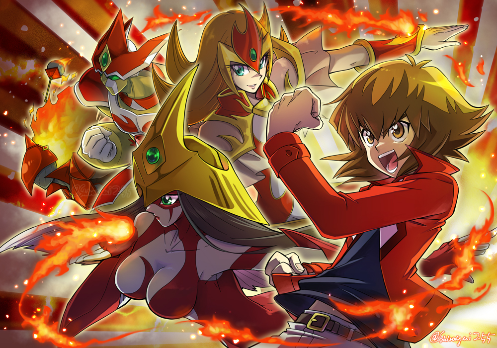 2boys 2girls :d belt belt_buckle black_hair black_shirt blonde_hair breasts brown_eyes brown_hair buckle cleavage clenched_hands duel_academy_uniform_(yu-gi-oh!_gx) duel_monster elemental_hero_burstinatrix elemental_hero_heat elemental_hero_lady_heat fire green_eyes haku_yui_(shirayui255) jacket long_hair multiple_boys multiple_girls open_mouth red_jacket red_theme shirt smile yu-gi-oh! yu-gi-oh!_gx yuki_judai