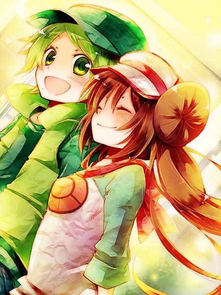 10s 1boy 1girl ^_^ amamiya_kabosu brown_hair closed_eyes curtis_(pokemon) double_bun green_eyes green_hair hair_bun hat long_hair nintendo open_mouth pokemon pokemon_bw2 raglan_sleeves rosa_(pokemon) short_hair smile twintails visor_cap