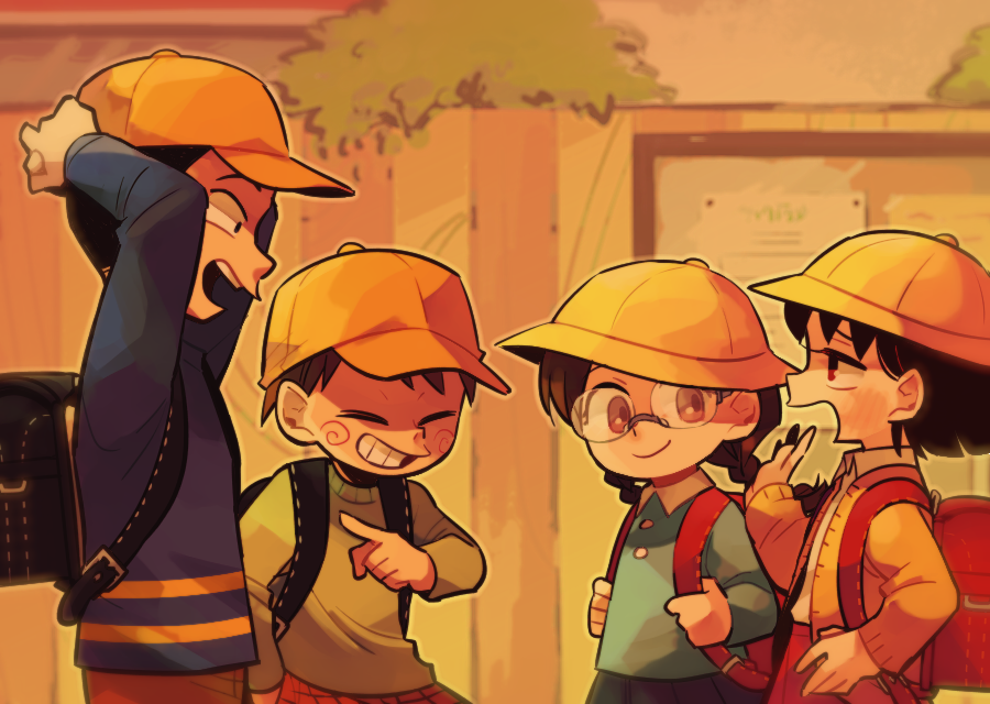 2boys 2girls arms_behind_head backpack bag black_hair braid brown_hair chibi_maruko-chan closed_eyes glasses grin hamazaki_noritaka hat honami_tamae multiple_boys multiple_girls open_mouth pointing pointing_at_another randoseru sakura_momoko school_hat short_hair smile tomita_tarou tsunoji twin_braids