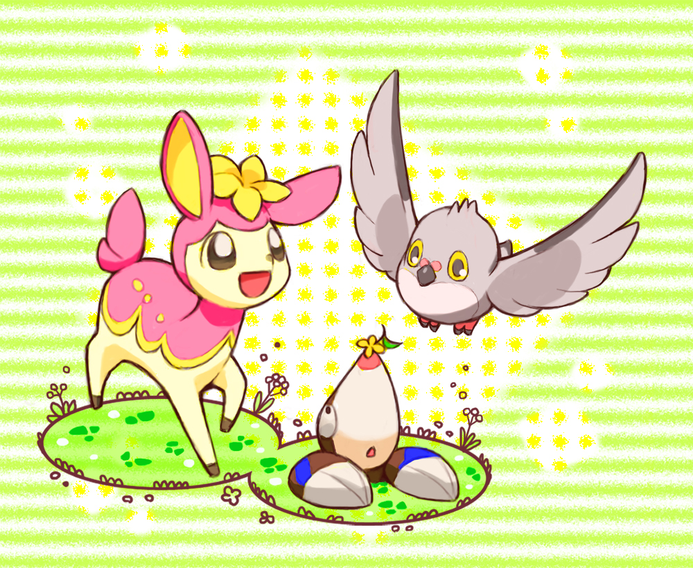 animal_focus betty0519 bird black_eyes commentary_request deerling drilbur gen_5_pokemon grass looking_up nintendo no_humans open_mouth pidove pokemon pokemon_(creature) smile wings yellow_eyes