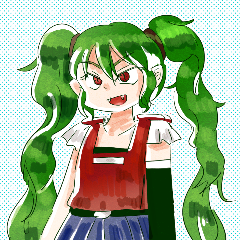 1other alternate_hairstyle androgynous armor belt belt_buckle black_belt black_shirt black_sleeves blue_background blue_hakama breastplate buckle chikafumikou collarbone commentary_request cowboy_shot detached_sleeves dot_nose epaulettes eyelashes fangs green_hair hair_between_eyes hair_tie hakama japanese_clothes len&#039;en long_hair long_sleeves looking_ahead messy_hair open_mouth other_focus polka_dot polka_dot_background red_eyes shirt single_detached_sleeve slit_pupils smile solo strapless strapless_shirt taira_no_fumikado tsurime twintails two-tone_background v-shaped_eyebrows very_long_hair white_background