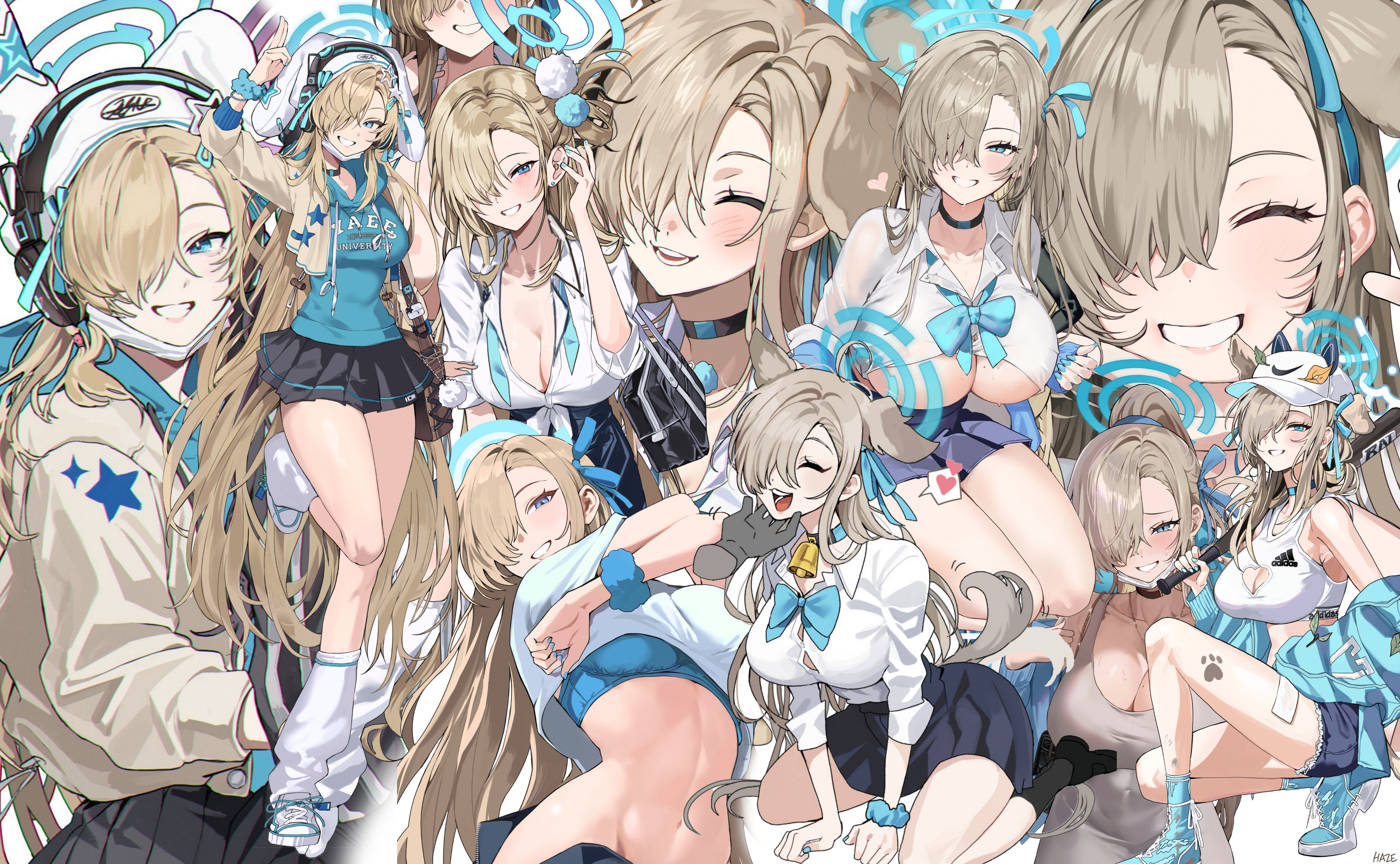 1girl absurdres adidas ahoge all_fours alternate_costume animal_ears armpits asuna_(blue_archive) asuna_(school_uniform)_(blue_archive) bag bandages bare_shoulders baseball_bat baseball_cap bell black_choker black_skirt black_socks blonde_hair blue_archive blue_bra blue_eyes blue_halo blue_jacket blue_nails blue_ribbon blue_scrunchie blue_skirt blush bra breasts brown_hair chair choker cleavage closed_eyes clothing_cutout collar collared_shirt commentary_request covered_erect_nipples covered_navel denim denim_shorts disembodied_hand dog_ears dog_tail dongtan_dress dress earphones extra_ears fingernails from_below full_body grey_dress grin hair_over_eyes hair_over_one_eye hair_ribbon halo hand_on_another's_chin happy hat haze_(ohw8g) heart heart_cutout high_tops highres holding holding_earphones huge_breasts jacket kemonomimi_mode kneeling large_breasts leaf leaf_on_head long_hair looking_at_viewer mask mask_lift meme_attire miniskirt mole mole_on_breast mouth_mask multiple_views nail_polish navel neck_bell nike_(company) one_side_up open_clothes open_jacket open_mouth paw_print pleated_skirt ribbon school_bag school_uniform scrunchie see-through_clothes seiza shirt shoes shorts simple_background single_bare_shoulder single_earphone_removed single_off_shoulder sitting skirt smile sneakers socks solo_focus spoken_heart sports_bra squatting stomach stroking_another's_chin tail tail_wagging thick_thighs thighs tight_clothes tight_dress underboob underwear undressing v very_long_hair white_background white_mask white_shirt white_socks wrist_scrunchie zipper_skirt