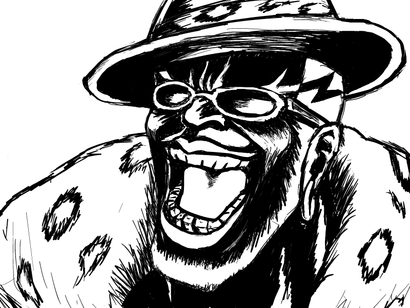 1boy black_baron blue-falcon coat ear_piercing fur_coat greyscale hat laughing madworld male_focus monochrome piercing solo sunglasses