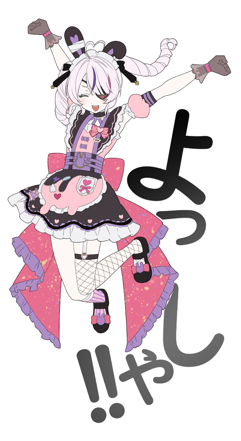 1girl ahoge apron arms_up asymmetrical_legwear bandaged_ear black_gloves blunt_bangs bow choker closed_eyes dress drill_hair eyepatch fishnet_thighhighs fishnets frilled_dress frills gloves heart heart_ahoge highres jumping maid maid_headdress maria_marionette maria_marionette_(2nd_costume) mismatched_legwear multicolored_hair nijisanji nijisanji_en npppiyo pink_apron pink_bow pink_eyes pink_socks purple_streaks sheer_gloves single_fishnet_legwear smile socks streaked_hair striped_clothes striped_socks thighhighs twin_drills vertical-striped_clothes vertical-striped_socks