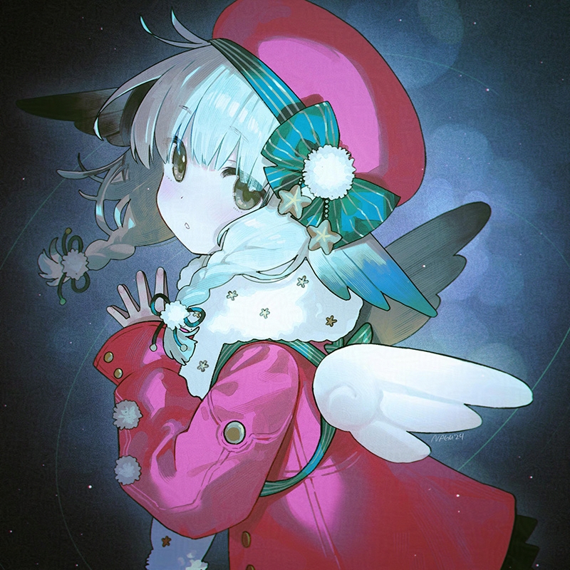1girl angel_wings azur_lane bow braid brown_eyes commentary dot_nose hat hat_bow jacket kazagumo_(azur_lane) looking_at_viewer looking_to_the_side nagu own_hands_together parted_lips pinstripe_bow pinstripe_pattern red_hat red_jacket solo twin_braids upper_body wings