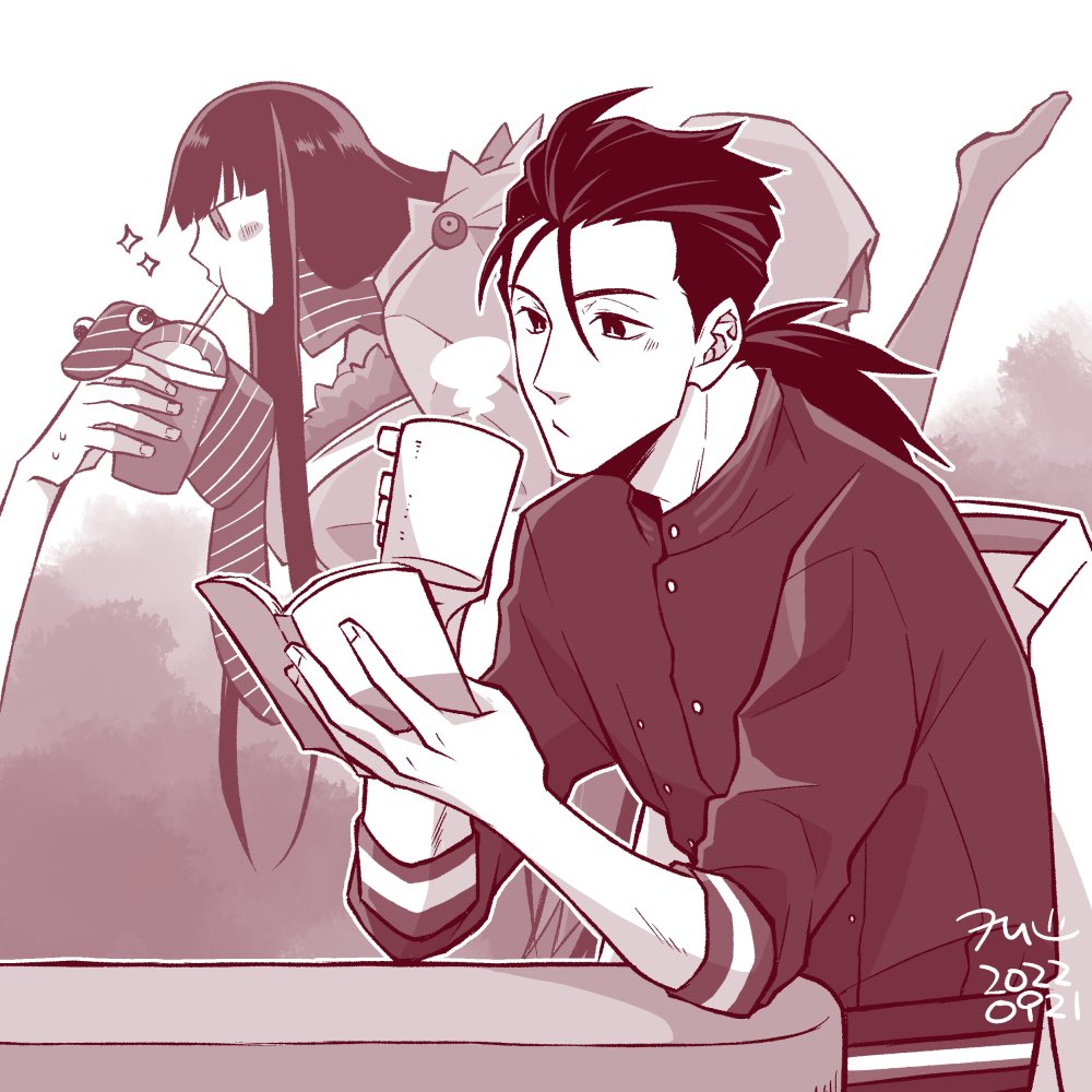 1boy 1girl blunt_bangs blush_stickers book chair cup disposable_cup dress_shirt drinking drinking_straw fate/grand_order fate_(series) floating hair_slicked_back hair_strand hand_puppet holding holding_book holding_cup hood hood_down jacket long_hair low_ponytail monochrome mug oryou_(fate) oryou_(lancer)_(fate) out_of_frame outline pantyhose ponytail profile puppet reading sakamoto_ryouma_(fate) sakamoto_ryouma_(lancer)_(fate) scarf shirt sparkle steam sweatdrop table unworn_jacket upper_body woruha