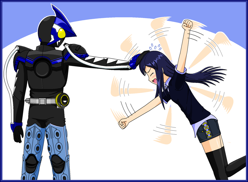 1boy 1girl bell black_thighhighs blue_hair kamen_rider kamen_rider_ooo kamen_rider_ooo_(series) long_hair mask mezul redol shauta_(ooo_combo) short_sleeves tears thighhighs