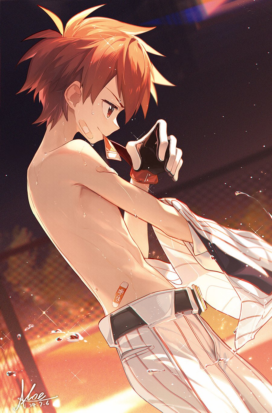 1boy artist_name bandaid bishounen closed_mouth commentary_request cowboy_shot fingerless_gloves from_side gloves highres koe_(mixpi) male_focus mouth_hold orange_hair original outdoors short_hair solo spiked_hair sweat topless_male upper_body