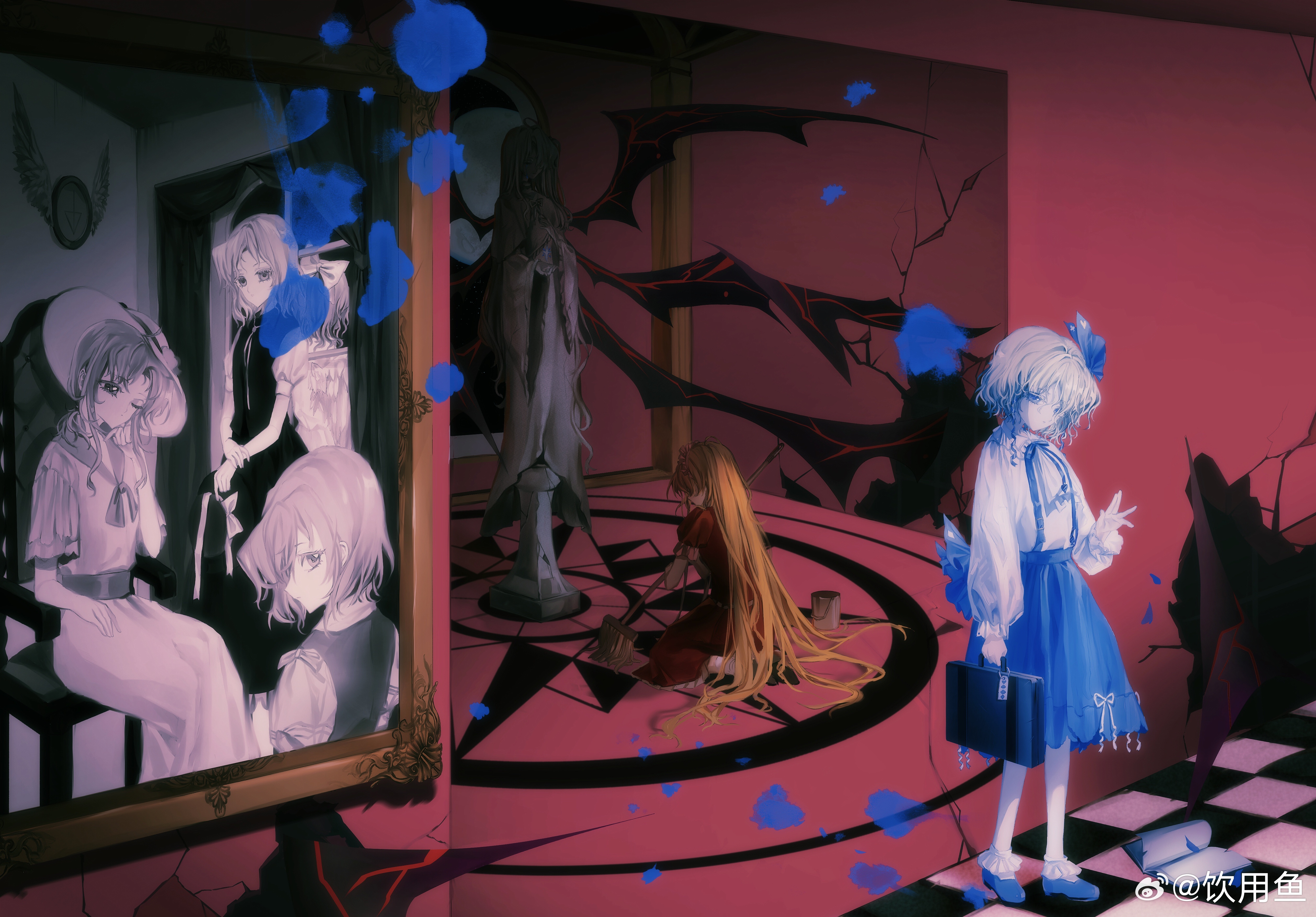 6+girls absurdres alice_margatroid alice_margatroid_(pc-98) ascot back_bow black_footwear black_wings blue_bow blue_bowtie blue_eyes blue_footwear blue_ribbon blue_skirt bow bowtie briefcase bucket checkered_floor chinese_commentary closed_mouth collared_shirt commentary_request crack cracked_wall demon_wings dress expressionless frilled_dress frilled_shirt_collar frilled_sleeves frilled_socks frills from_behind full_body hair_bow hair_ribbon hair_spread_out hand_on_own_cheek hand_on_own_face hand_up hat head_tilt highres holding holding_briefcase holding_mop indoors long_hair long_sleeves looking_at_viewer looking_back louise_(touhou) mai_(touhou) mary_janes medium_dress medium_skirt mop mopping multiple_girls multiple_wings mystic_square on_chair open_mouth orange_hair painting_(object) petals pleated_skirt puffy_long_sleeves puffy_short_sleeves puffy_sleeves red_dress ribbon robe rose_petals sailor_collar sara_(touhou) shinki_(touhou) shirt shoes short_hair short_sleeves sitting skirt sleeve_ribbon socks standing sun_hat suspender_skirt suspenders touhou touhou_(pc-98) very_long_hair vest watermark weibo_watermark white_ascot white_hair white_ribbon white_shirt white_socks wings yinyong_yu yuki_(touhou) yumeko_(touhou)