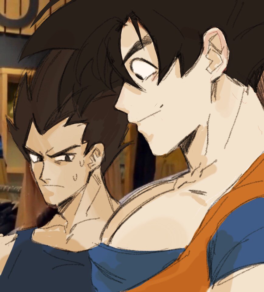 2boys bara dragon_ball dragonball_z frisk_(coffezit0s) from_side girl_staring_at_guy&#039;s_chest_(meme) large_pectorals looking_at_another looking_at_pectorals looking_down male_focus meme multiple_boys muscle_envy muscular muscular_male pectoral_cleavage pectorals photo-referenced photo_background short_hair sketch son_goku sweatdrop upper_body vegeta yaoi