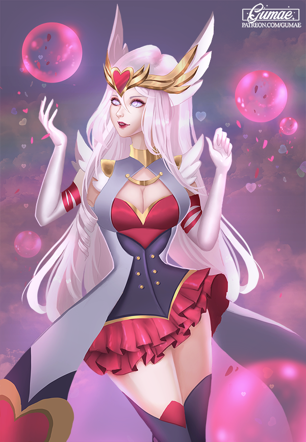 1girl alternate_costume artist_name breasts cleavage cleavage_cutout clothing_cutout corset energy_ball female_focus gumae heart large_breasts league_of_legends lipstick long_hair makeup no_pupils purple_eyes red_lips silver_hair skirt solo syndra thighhighs watermark web_address winged_hair_ornament