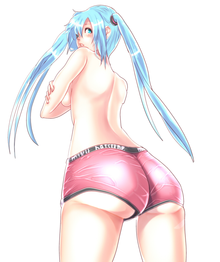 1girl ass blue_eyes blue_hair breasts crossed_arms female_focus from_behind hatsune_miku looking_back matching_hair/eyes open_mouth panties pooh_mal puu_maru simple_background solo topless_female twintails underboob underwear vocaloid white_background